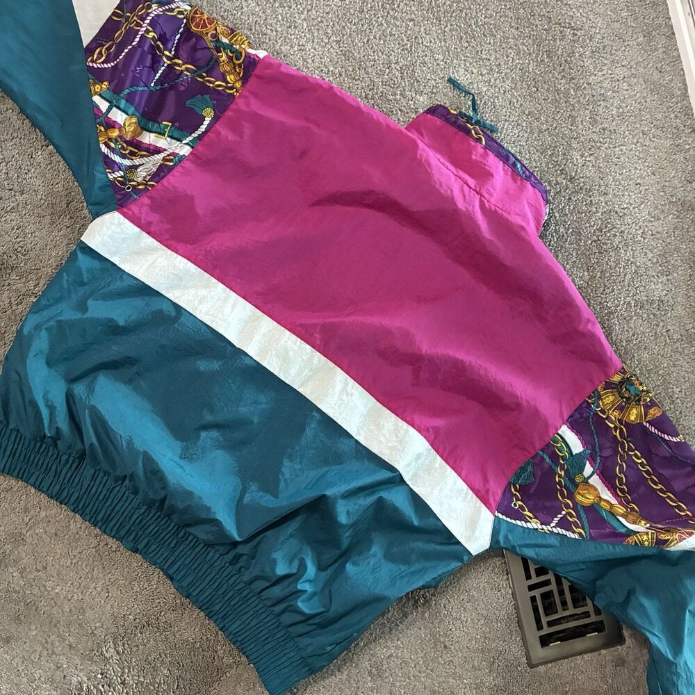 Vintage 80s Color Block Windbreaker Jacket Pink Teal Equestrian Scarf Print Sz L - Picture 3 of 11